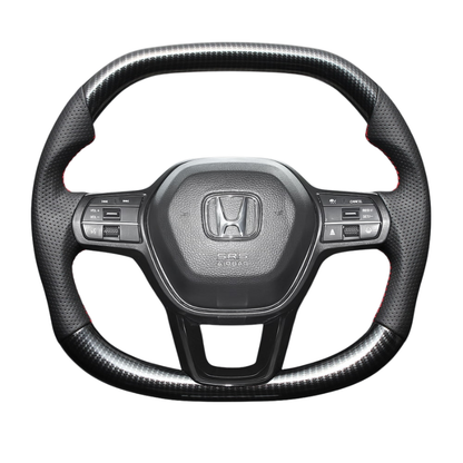 高品質の証ユーロステッチ採用 (カーボン調xレッドステッチ) 純正交換ガングリップステアリング シビック FL1/4/5  R3/9- LS273