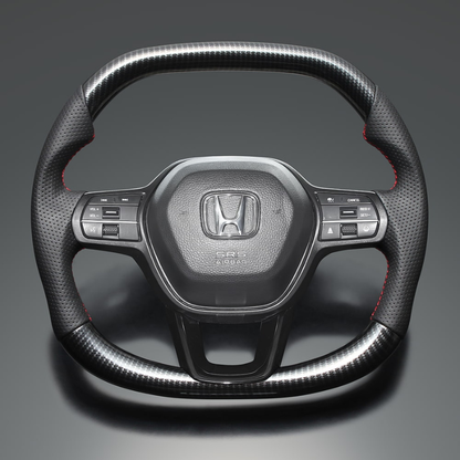 高品質の証ユーロステッチ採用 (カーボン調xレッドステッチ) 純正交換ガングリップステアリング シビック FL1/4/5  R3/9- LS273