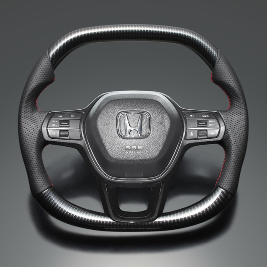 高品質の証ユーロステッチ採用 (カーボン調xレッドステッチ) 純正交換ガングリップステアリング シビック FL1/4/5  R3/9- LS273