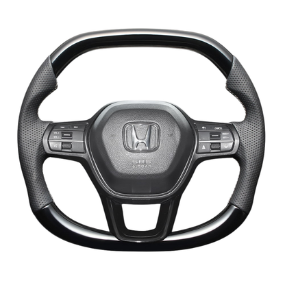 高品質の証ユーロステッチ採用 (ピアノブラックxシルバーステッチ) 純正交換ガングリップステアリング シビック FL1/4/5  R3/9- LS274