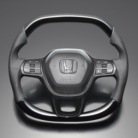 高品質の証ユーロステッチ採用 (ピアノブラックxシルバーステッチ) 純正交換ガングリップステアリング シビック FL1/4/5  R3/9- LS274