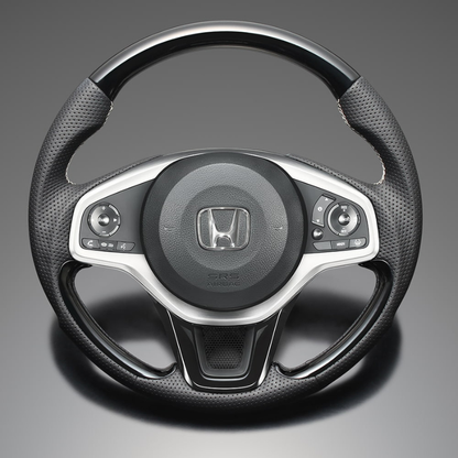 高品質の証ユーロステッチ採用 (ピアノブラックxシルバーステッチ) 純正交換ガングリップステアリング N-ONE JG3/4 R2/11- LS277