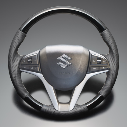 高品質の証ユーロステッチ採用 (ピアノブラックxシルバーステッチ) 純正交換ガングリップステアリング ワゴンR/ワゴンRスマイル MH55/MX系 H29/2- LS281