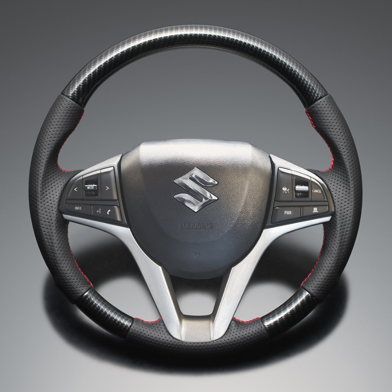高品質の証ユーロステッチ採用 (カーボン調xレッドステッチ) 純正交換ガングリップステアリング スペーシア MK53 H29/12-R5/11 LS282
