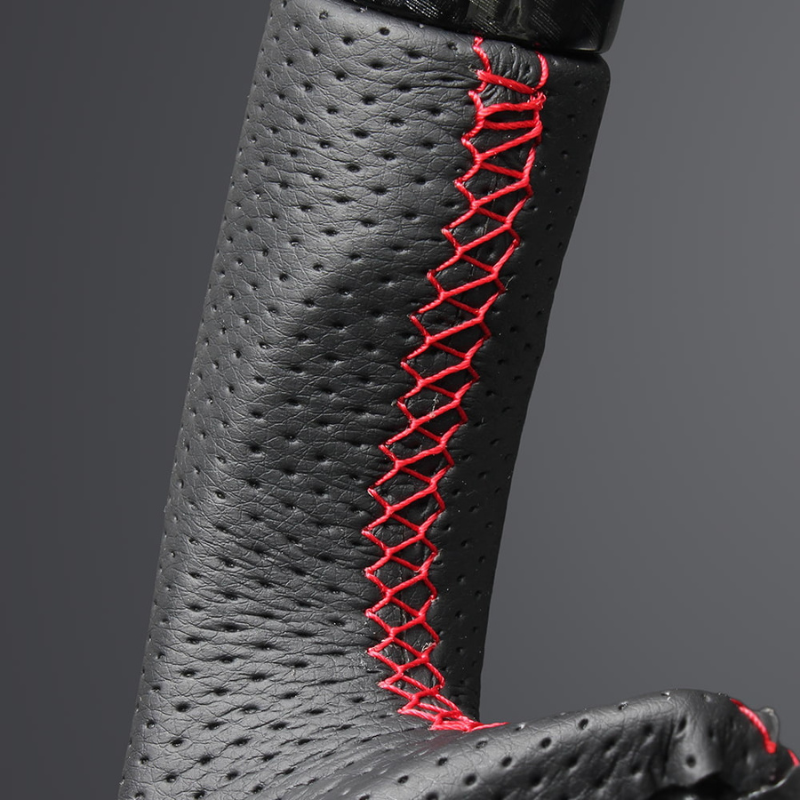 高品質の証ユーロステッチ採用 (カーボン調xレッドステッチ) 純正交換ガングリップステアリング スペーシア MK53 H29/12-R5/11 LS282