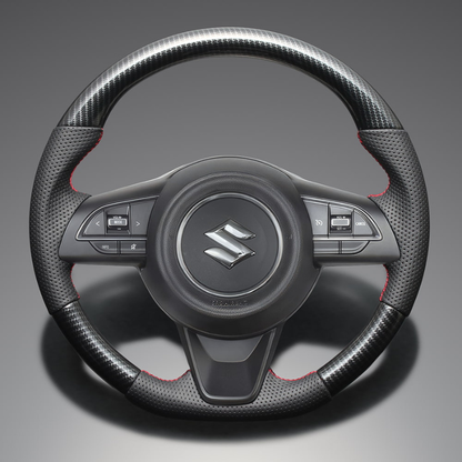 高品質の証ユーロステッチ採用 (カーボン調xレッドステッチ) 純正交換ガングリップステアリング ジムニー/シエラ/ノマド JB64 H30/7- LS288
