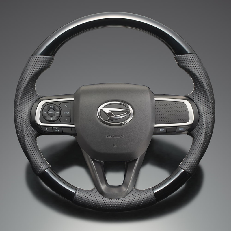 高品質の証ユーロステッチ採用 (ピアノブラックxシルバーステッチ) 純正交換ガングリップステアリング ムーヴキャンバス LA850系後期 R4/7- LS291