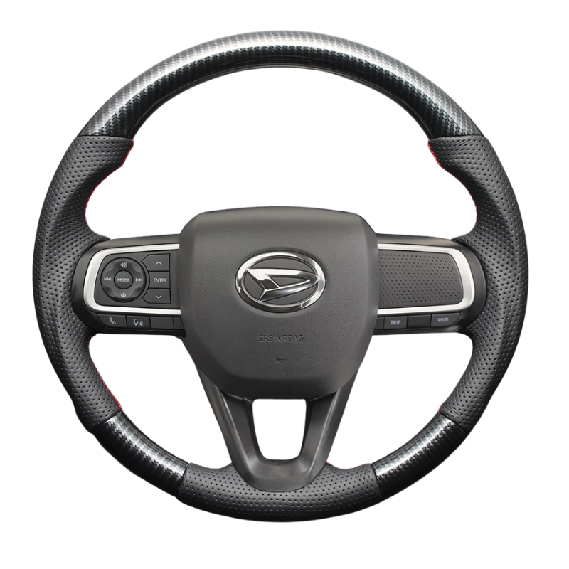 高品質の証ユーロステッチ採用 (カーボン調xレッドステッチ) 純正交換ガングリップステアリング タント/カスタム LA650 R1/7- LS292