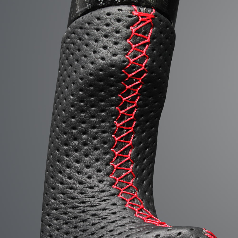 高品質の証ユーロステッチ採用 (カーボン調xレッドステッチ) 純正交換ガングリップステアリング タント/カスタム LA650 R1/7- LS292