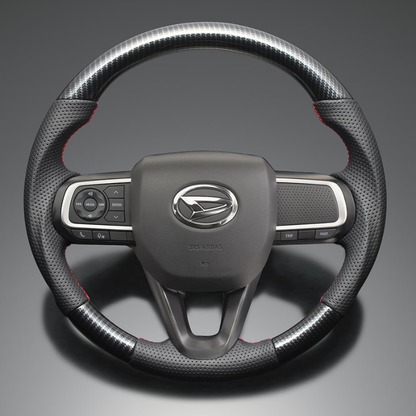 高品質の証ユーロステッチ採用 (カーボン調xレッドステッチ) 純正交換ガングリップステアリング ムーヴキャンバス LA850系後期 R4/7- LS292