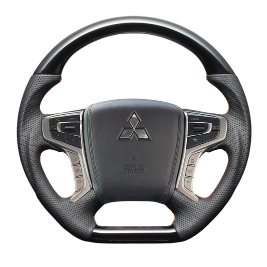 高品質の証ユーロステッチ採用 (ピアノブラックxオレンジステッチ) 純正交換ガングリップステアリング デリカD5 CV系 後期 R1/2- LS299