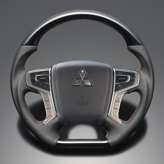 高品質の証ユーロステッチ採用 (ピアノブラックxオレンジステッチ) 純正交換ガングリップステアリング デリカD5 CV系 後期 R1/2- LS299