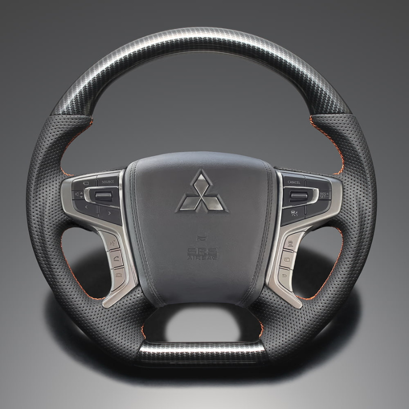 高品質の証ユーロステッチ採用 (カーボン調xオレンジステッチ) 純正交換ガングリップステアリング デリカD5 CV系 後期 R1/2- LS300