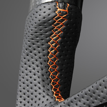 高品質の証ユーロステッチ採用 (カーボン調xオレンジステッチ) 純正交換ガングリップステアリング デリカD5 CV系 後期 R1/2- LS300