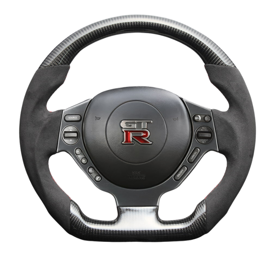 最上位モデル (艶ありリアルカーボン× アルカンターBK×レッドステッチ) 純正交換ガングリップステアリング GT-R  R35前中期 H19/12-H28/7 LS302