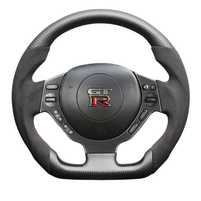 最上位モデル (マットリアルカーボン x アルカンターラBK x レッドステッチ) 純正交換ガングリップステアリング GT-R  R35前中期 H19/12-H28/7 LS303