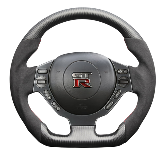最上位モデル (マットリアルカーボン x アルカンターラBK x レッドステッチ) 純正交換ガングリップステアリング GT-R  R35前中期 H19/12-H28/7 LS303