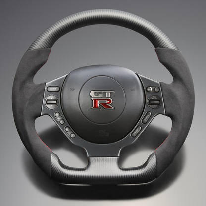 最上位モデル (マットリアルカーボン x アルカンターラBK x レッドステッチ) 純正交換ガングリップステアリング GT-R  R35前中期 H19/12-H28/7 LS303