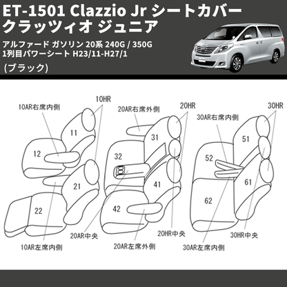 (ブラック) ET-1501 Clazzio Jr シートカバー クラッツィオ ジュニア アルファード ガソリン 20系 240G / 350G 1列目パワーシート H23/11-H27/1