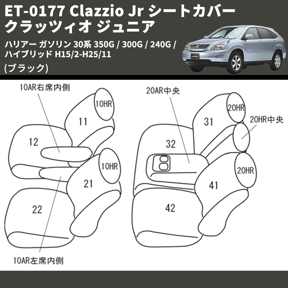 (ブラック) ET-0177 Clazzio Jr シートカバー クラッツィオ ジュニア ハリアー ガソリン 30系 350G / 300G / 240G / ハイブリッド H15/2-H25/11