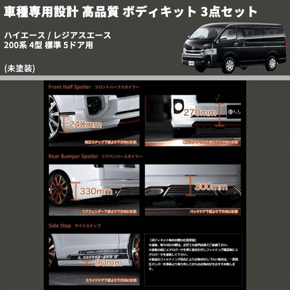 (未塗装) 車種専用設計 高品質 ボディキット 3点セット ハイエース / レジアスエース 200系 4型 標準 5ドア用