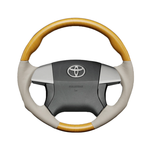 (黄木目×グレージュ) 車種専用設計 高品質 ガングリップ ウッド×パンチング 本皮調 レザーステアリング アイシス 10系