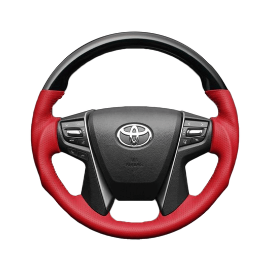 (ピアノブラック×ロッソコルサレッド) 車種専用設計 高品質 ガングリップ ウッド×パンチング 本皮調 レザーステアリング アルファード 30系
