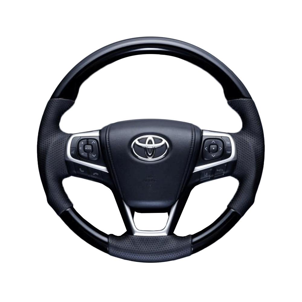 (ピアノブラック×ダークグレー) ガングリップ ウッド×パンチング 本皮調 レザーステアリング カムリ 50系 後期 FEGGARI LS175-005 専用設計 高品質