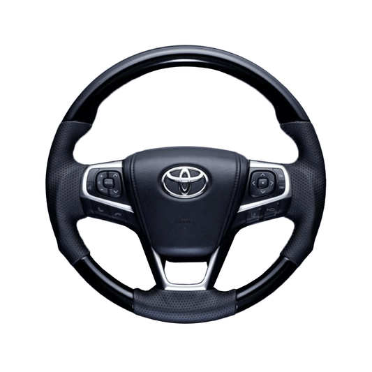 (ピアノブラック×ダークグレー) ガングリップ ウッド×パンチング 本皮調 レザーステアリング カムリ 50系 後期 FEGGARI LS175-005 専用設計 高品質