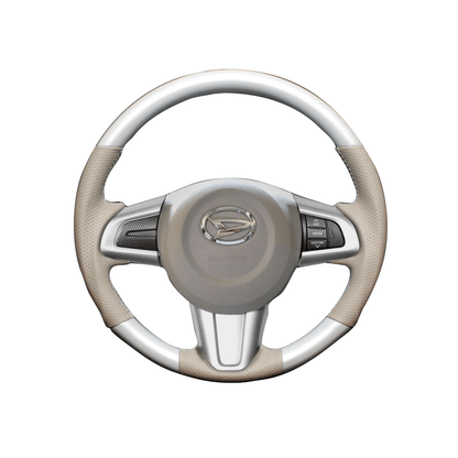 (パールホワイト×ホワイトステッチ) ガングリップ ウッド×パンチング 本皮調 レザーステアリング ムーヴキャンバス 800系 FEGGARI LSM900-PWW-003