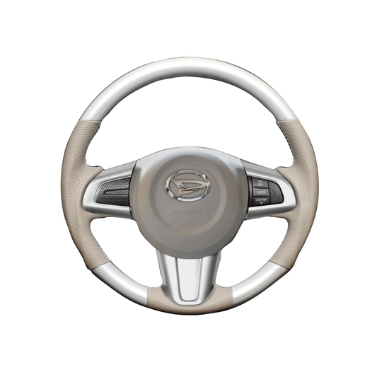 (パールホワイト×ホワイトステッチ) ガングリップ ウッド×パンチング 本皮調 レザーステアリング ムーヴキャンバス 800系 FEGGARI LSM900-PWW-003