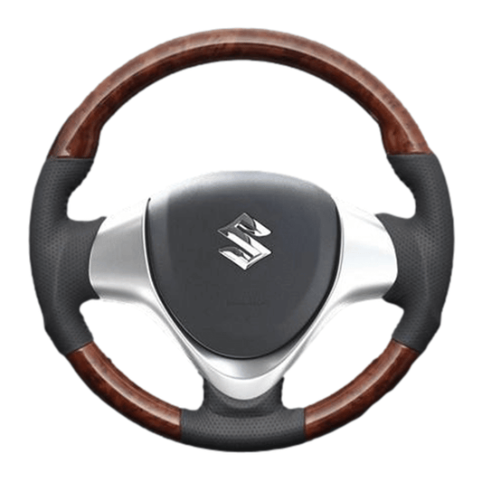 (茶木目×ダークグレー) ガングリップ ウッド×パンチング 本皮調 レザーステアリング ワゴンR / ワゴンRスティングレー MH34/44系 FEGGARI LS136-004