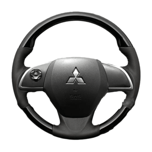 (ピアノブラック×ダークグレー) ガングリップ ウッド×パンチング 本皮調 レザーステアリング eKワゴン B11W系 ガーニッシュ有車用 FEGGARI LS12CN-004