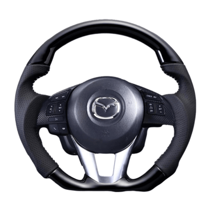 (ピアノブラック×ダークグレー/ホワイトステッチ) ガングリップ ウッド×パンチング 本皮調 レザーステアリング CX-5 CX-5KE系 FEGGARI LDMZ-PBW-002