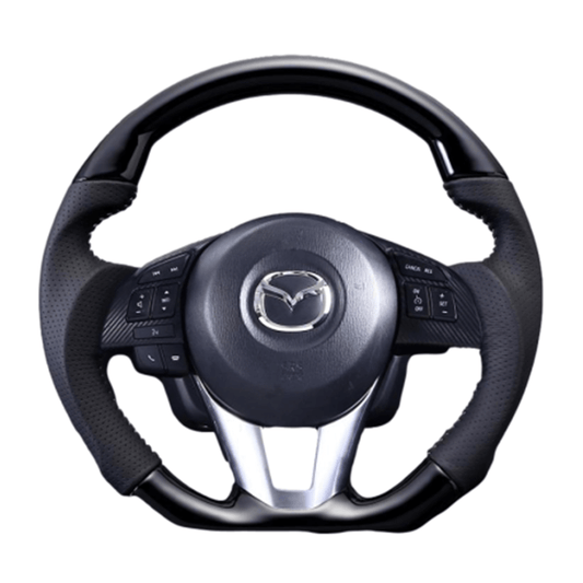 (ピアノブラック×ダークグレー/ホワイトステッチ) ガングリップ ウッド×パンチング 本皮調ステアリング アクセラ BM / BY系 前期 FEGGARI LDMZ-PBW-003