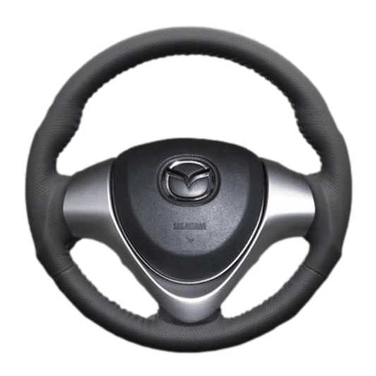 (ダークグレーレザー×レッドステッチ) ガングリップ ウッド×パンチング 本皮調 レザーステアリング スクラムワゴン DG17W系 FEGGARI LS135LR-009