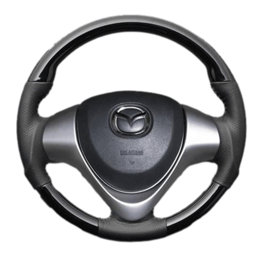 (ピアノブラック×ダークグレー) ガングリップ ウッド×パンチング 本皮調 レザーステアリング スクラムワゴン DG17W系 FEGGARI LS137-009